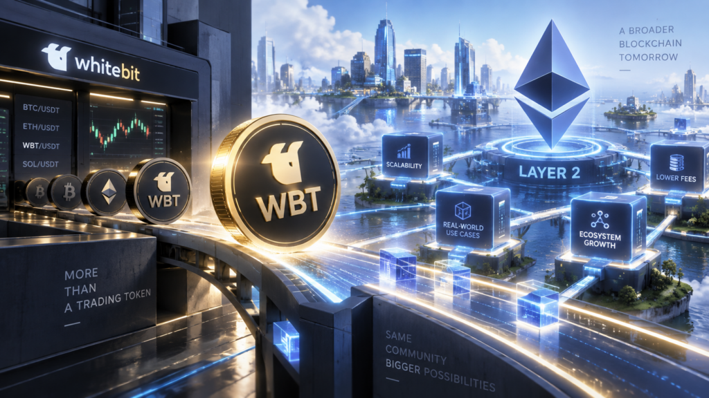 WhiteBIT Coin WBT가 거래소 토큰에서 이더리움 레이어2 생태계로 확장되는 모습을 표현한 이미지