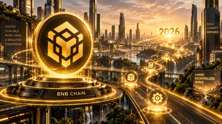 BNB체인 코인과 연결된 데이터 경로로 네트워크 개선을 표현한 AI 개념 이미지