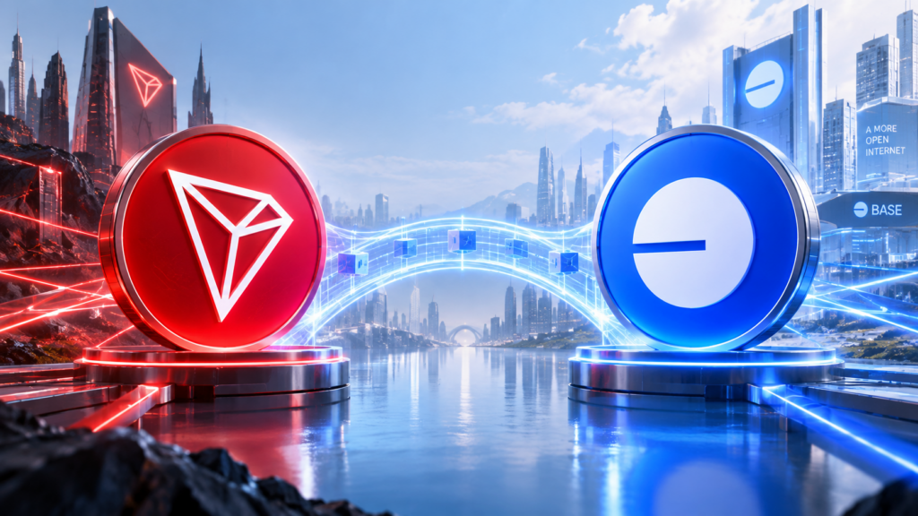트론 TRX와 코인베이스 Base 네트워크를 잇는 데이터 브리지를 표현한 이미지