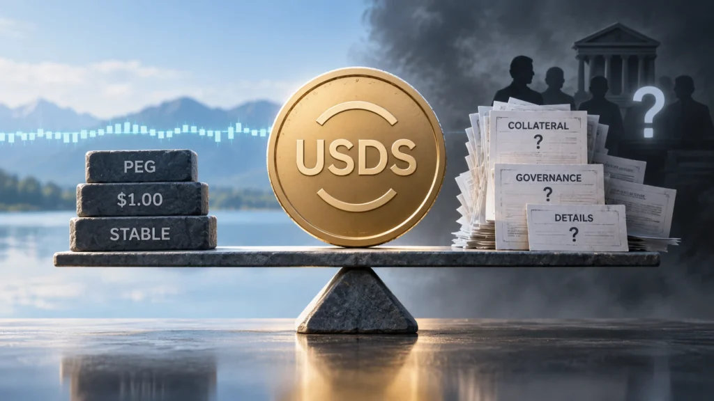 USDS의 페그 안정성과 담보 및 거버넌스 불확실성을 표현한 이미지