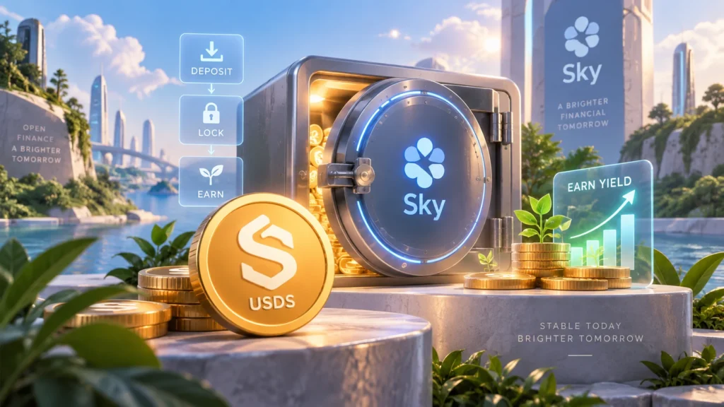 USDS 예치와 잠금 및 수익 구조를 표현한 Sky 생태계 이미지