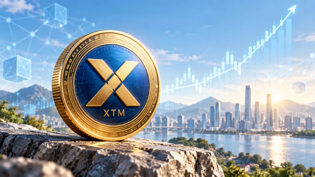 XTM 전망을 표현한 금빛 코인과 금융 도시 이미지